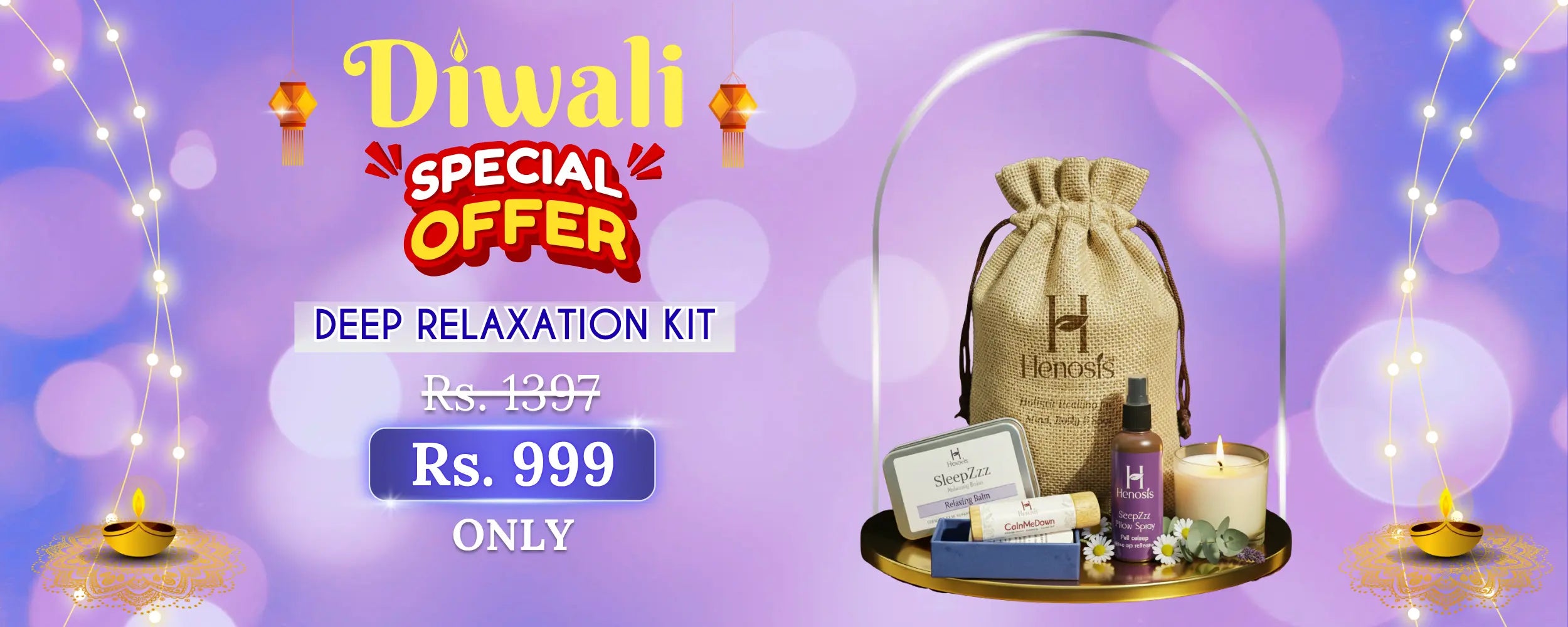 Diwali special offer for a deep relaxation kit with a purple background and decorative elements.